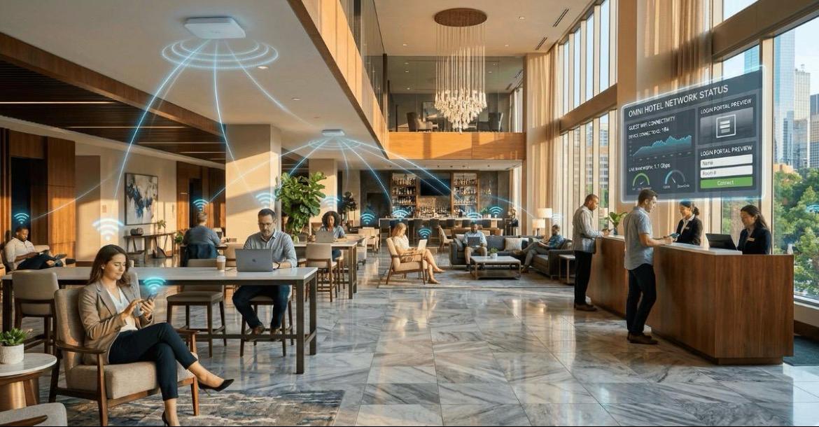 Connected Wi-Fi services in a modern hotel lobby