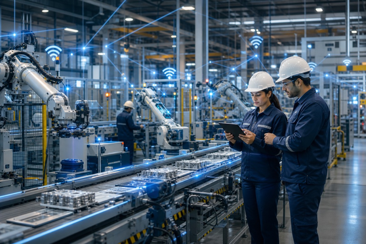 Connected smart-manufacturing facility with robotic production lines and engineers